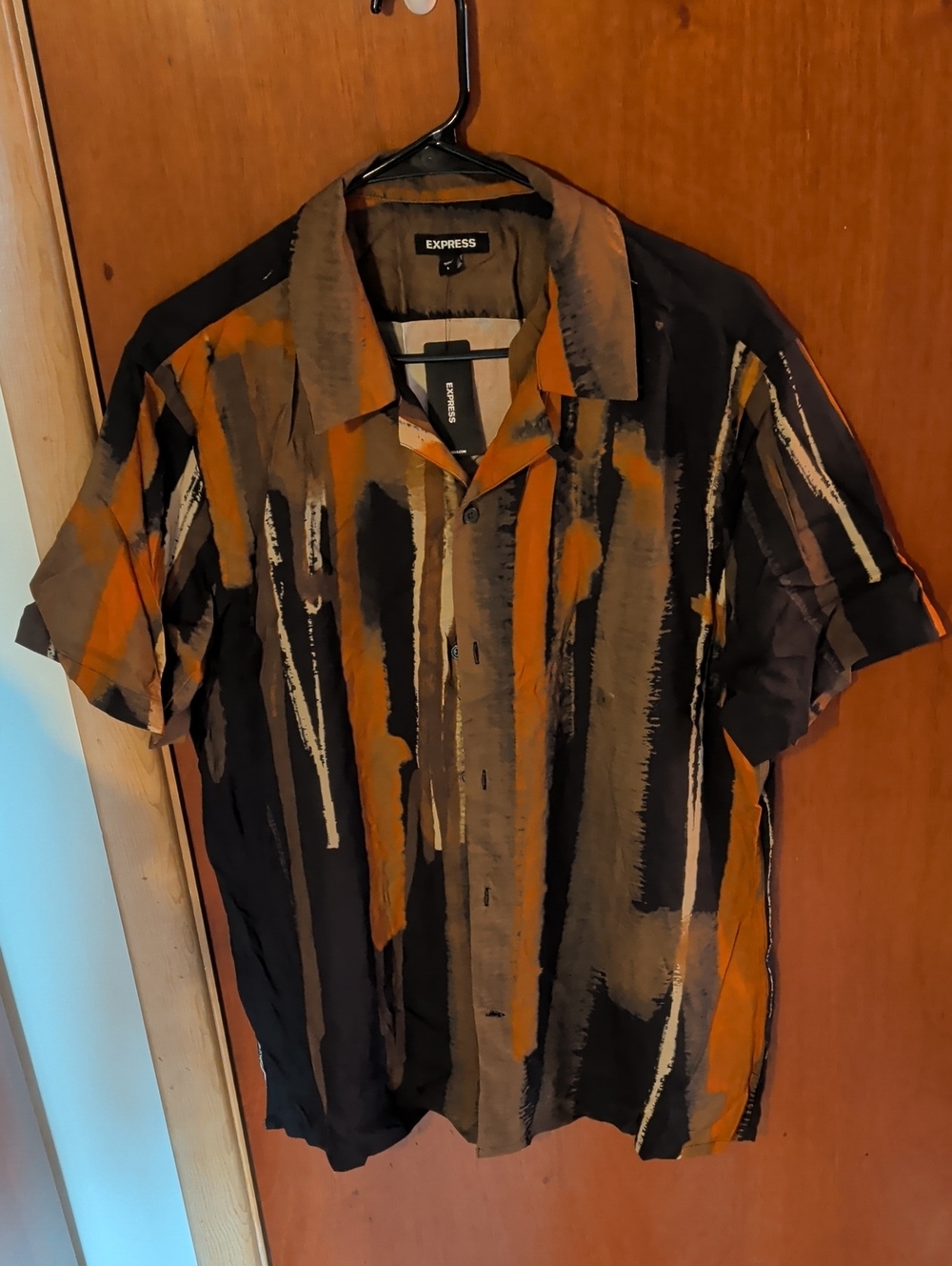Express Men’s Short Sleeve Button-Up Shirt - Black, Orange & Tan Brushstroke